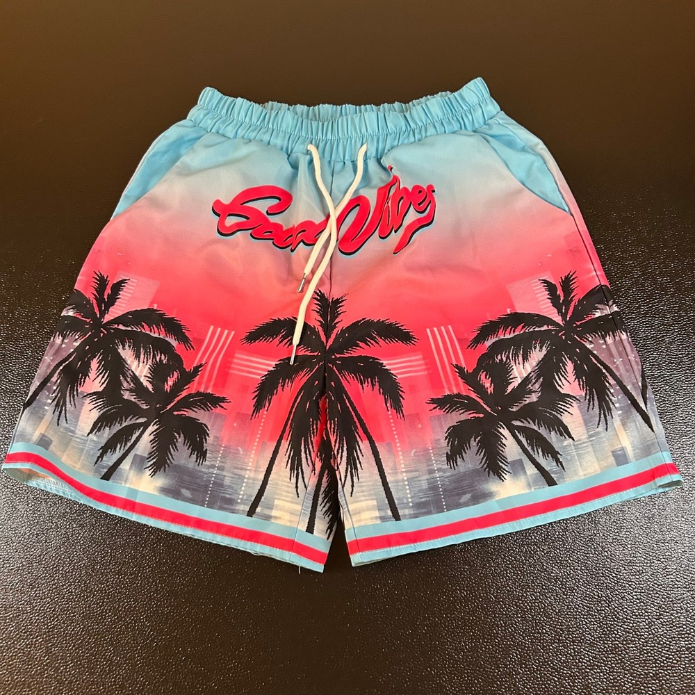 Rowme Good Vibes Palm Tree Swim Trunks Drawstring Elastic Waist Blue Mens Medium